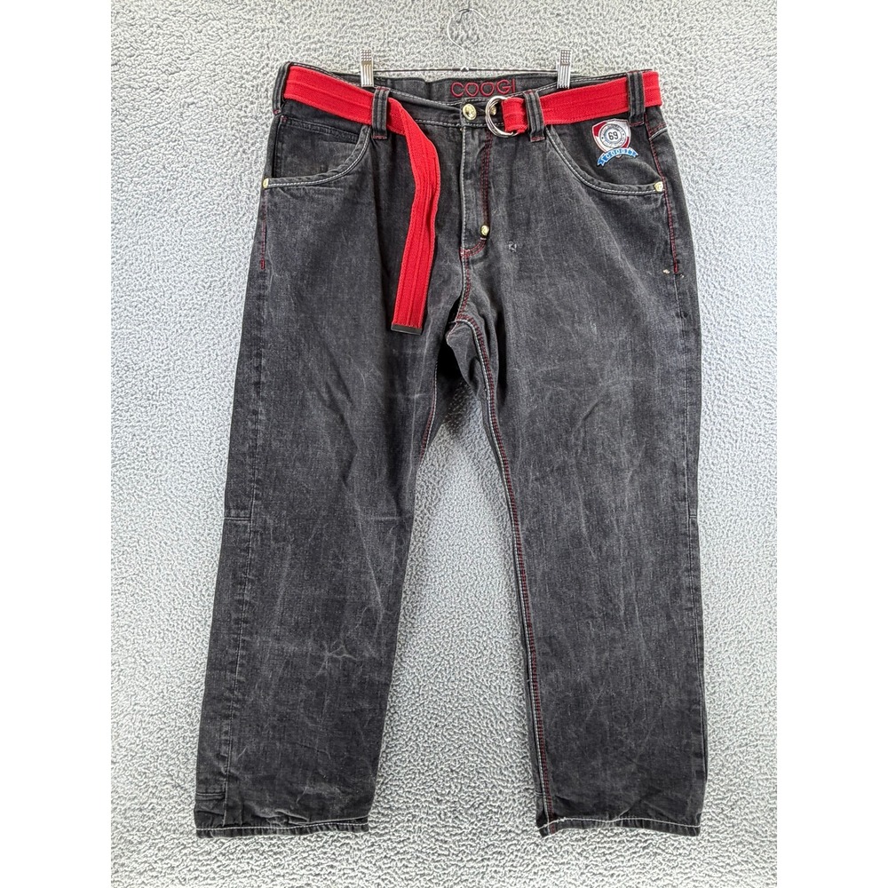 COOGI Mens Relaxed Fit Jeans Black Red Stitching Embroidered Belted 40x32‎ READ
